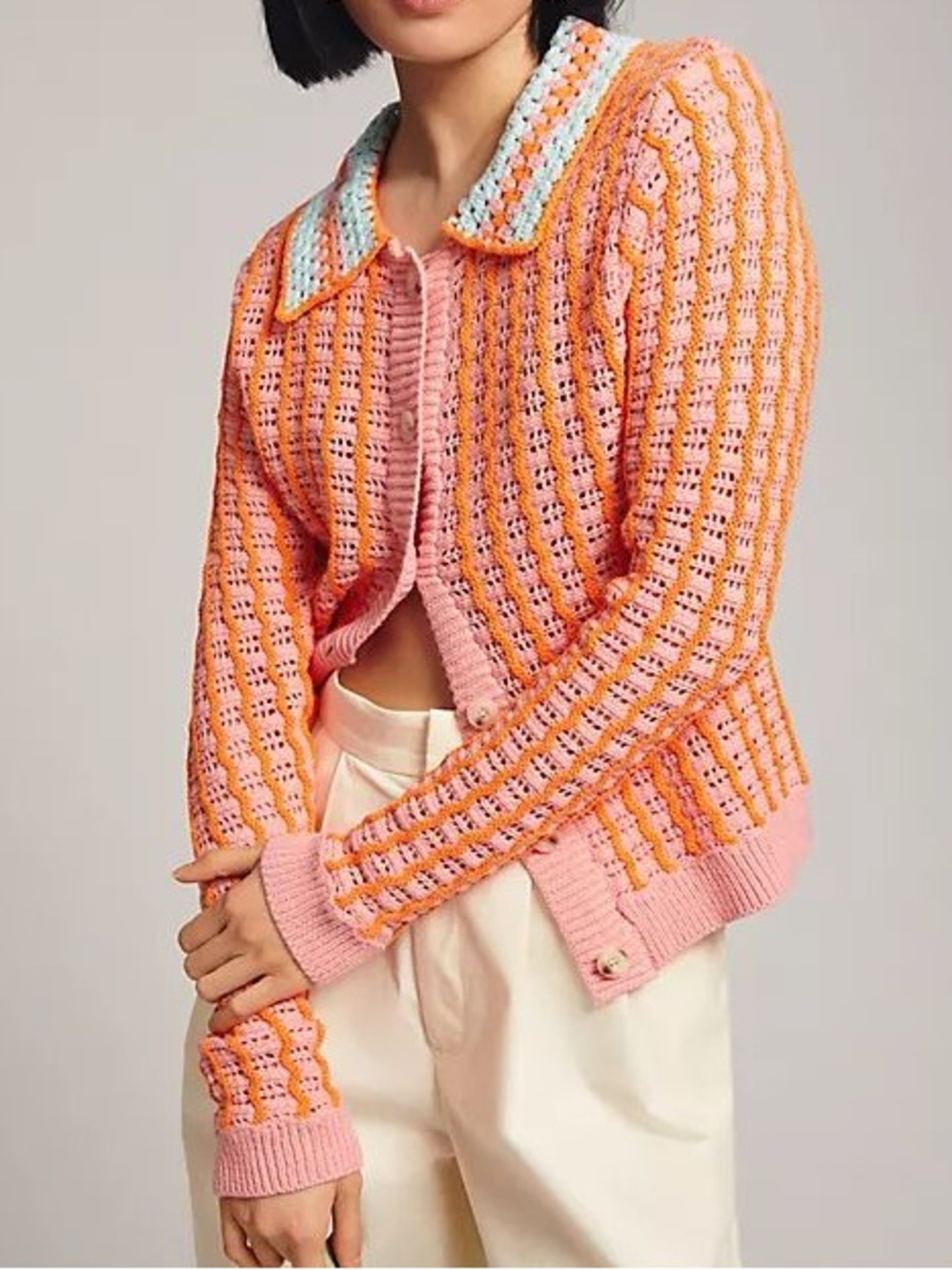 Anthropologie 4SI3NNA Amelie Crochet Open Stitch Collared Cardigan NWT Sz L
